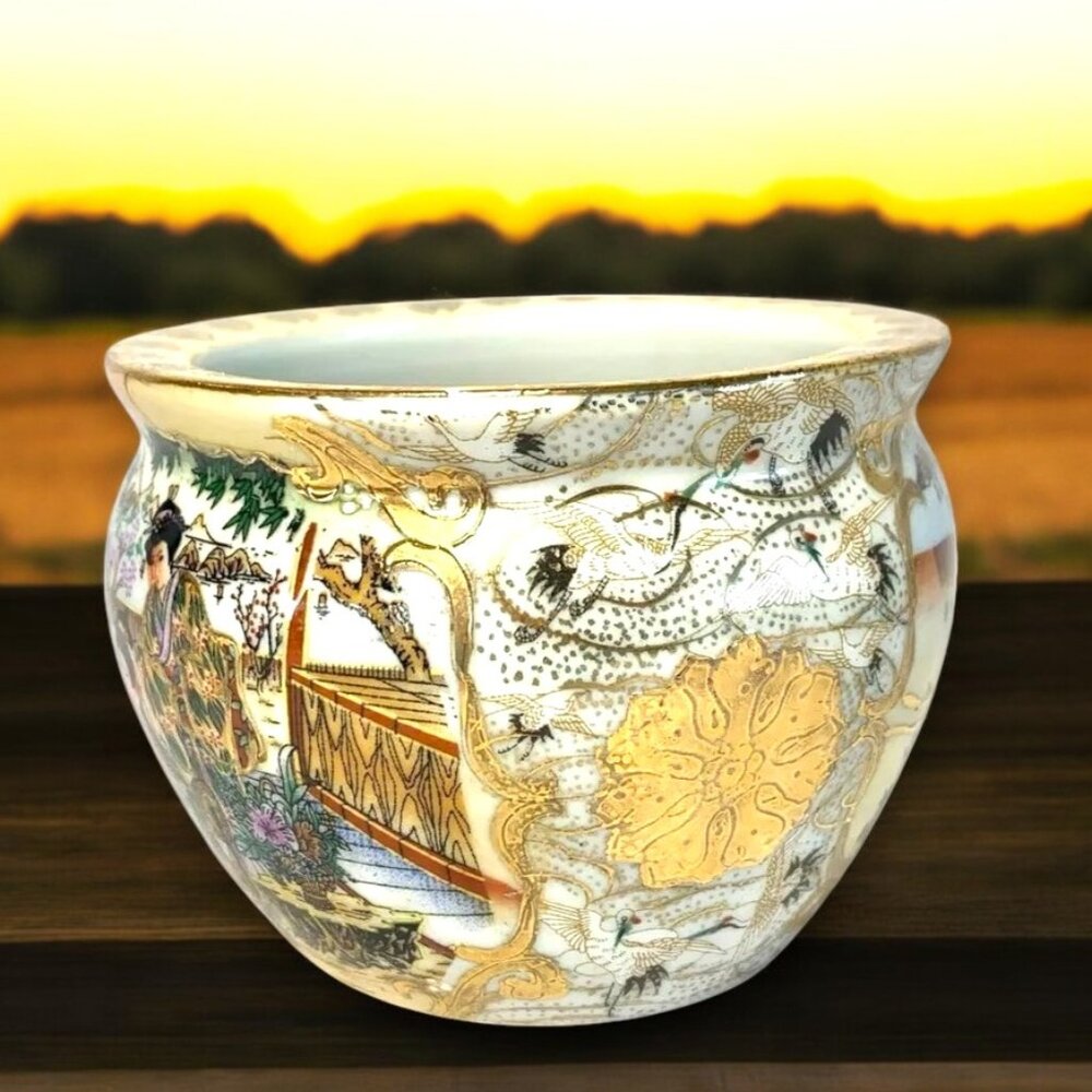 Vintage Gold Satsuma Chinoiserie Fish Bowl Geisha Women Lotus Collectible TM-5 - Picture 2 of 11